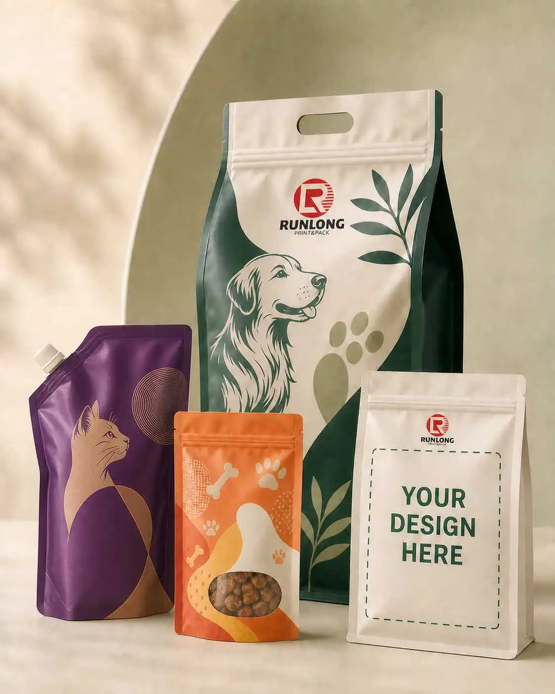 Custom pet food packaging bags including dog food, cat food and pet treat pouches by Runlong Pack