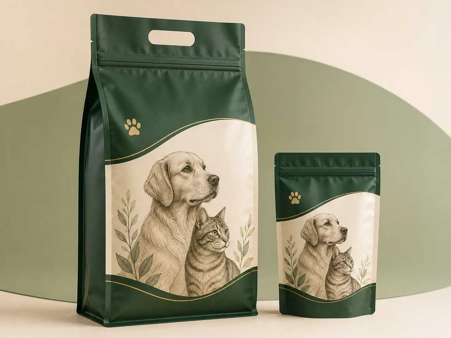 Custom flat bottom and stand up bags for dry dog and cat food