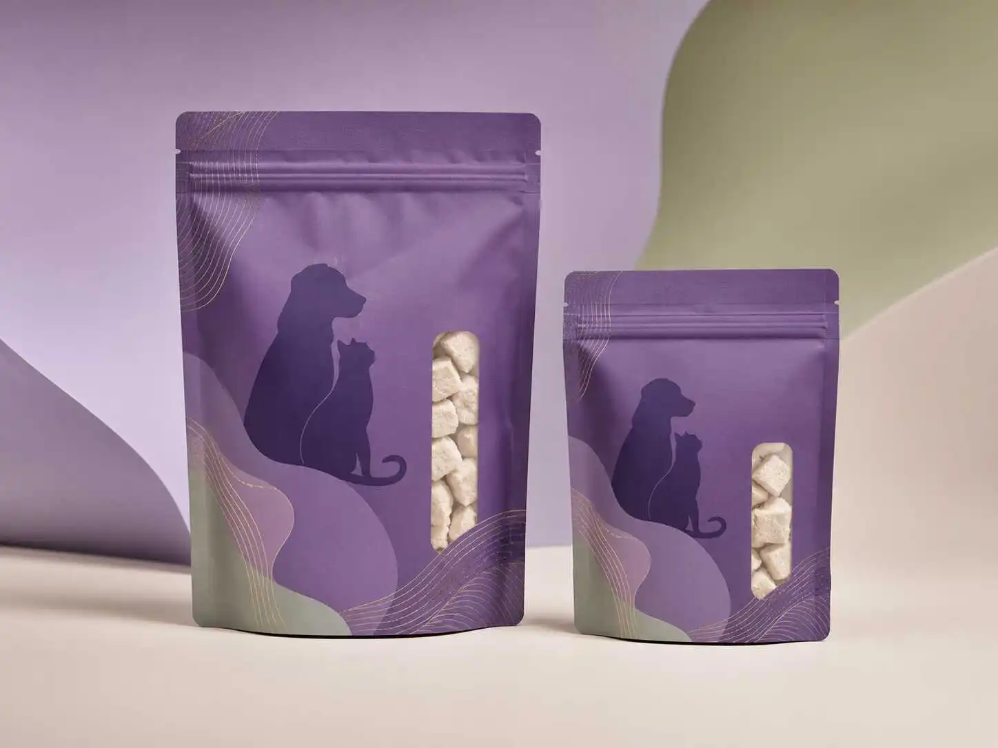 Purple high-barrier stand up pouches for freeze-dried pet food