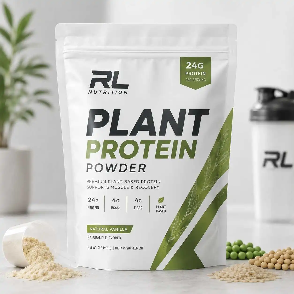 Custom plant protein powder packaging pouch for pea soy rice and blended protein powders