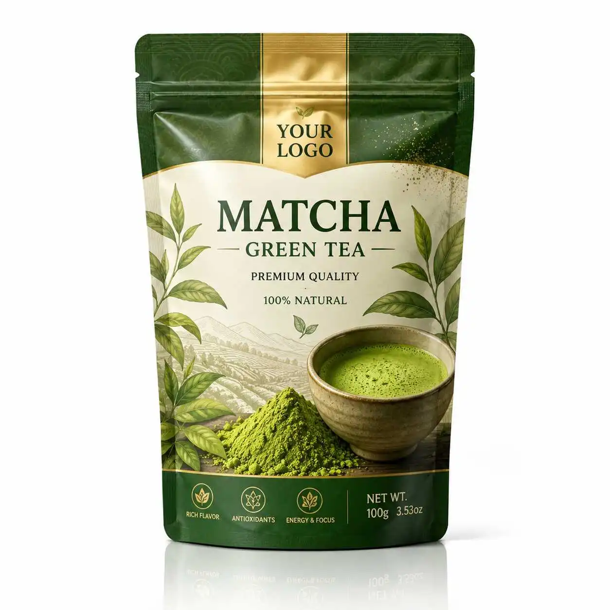 Premium custom printed matcha tea stand up pouch