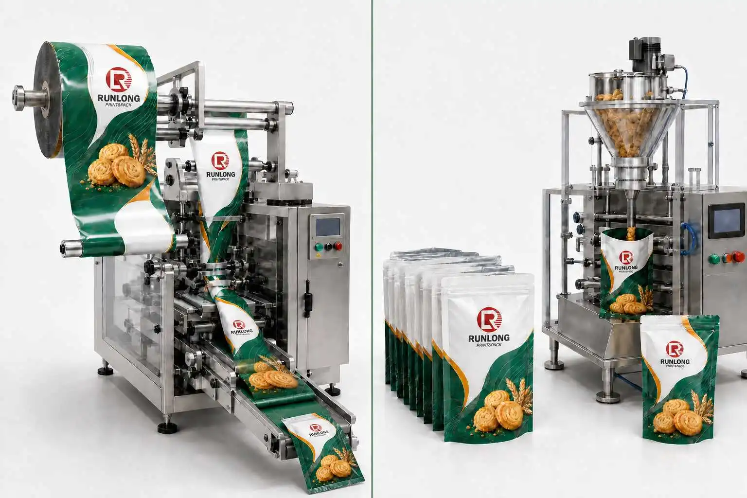 Side-by-side comparison of printed roll film and premade flexible packaging bags