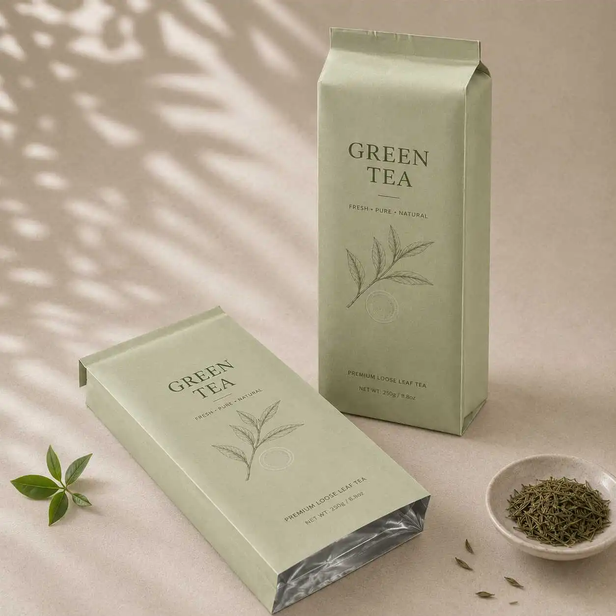 Custom side gusset packaging for loose leaf green tea