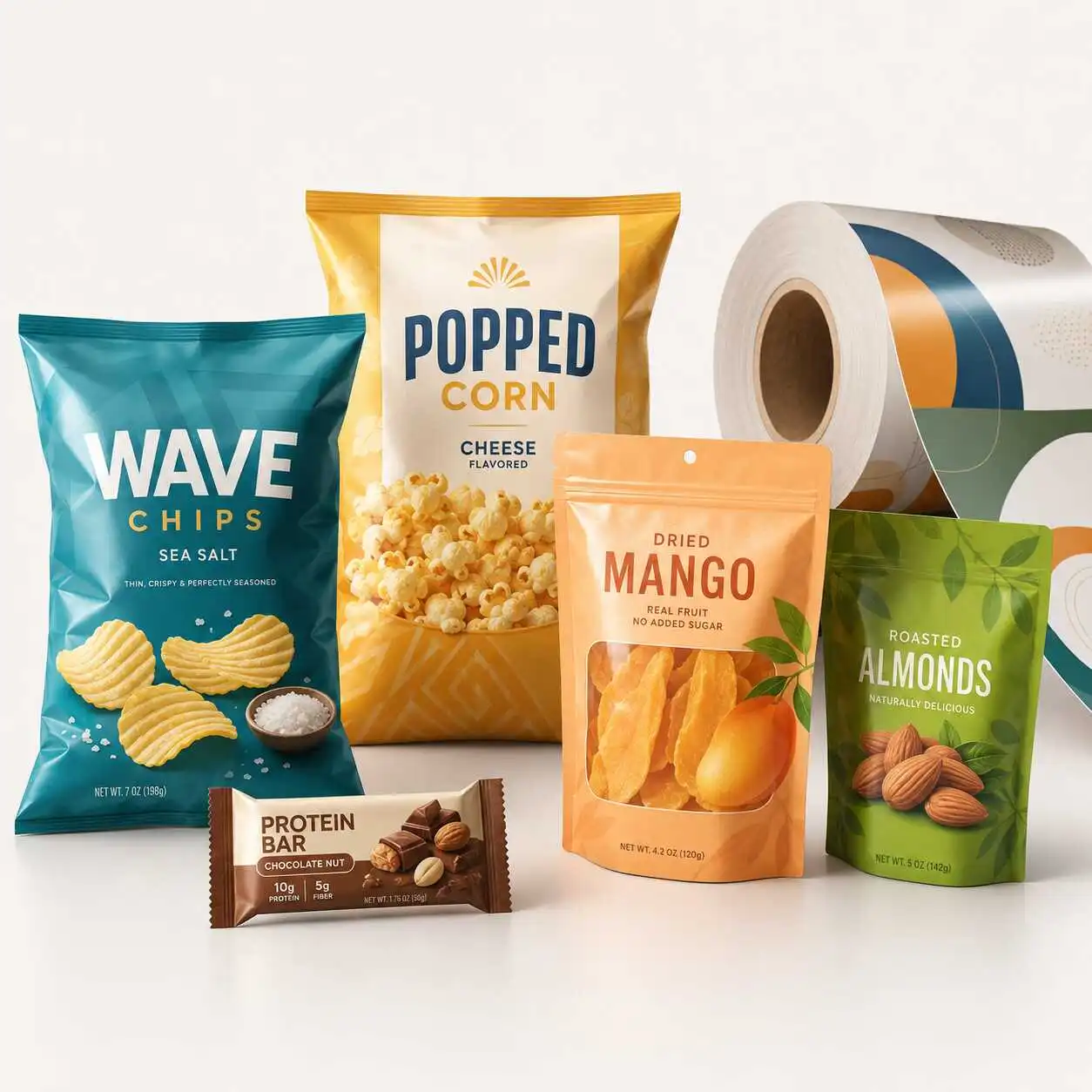 Custom snack packaging bags and rollstock film for chips popcorn nuts dried fruit and snack bars