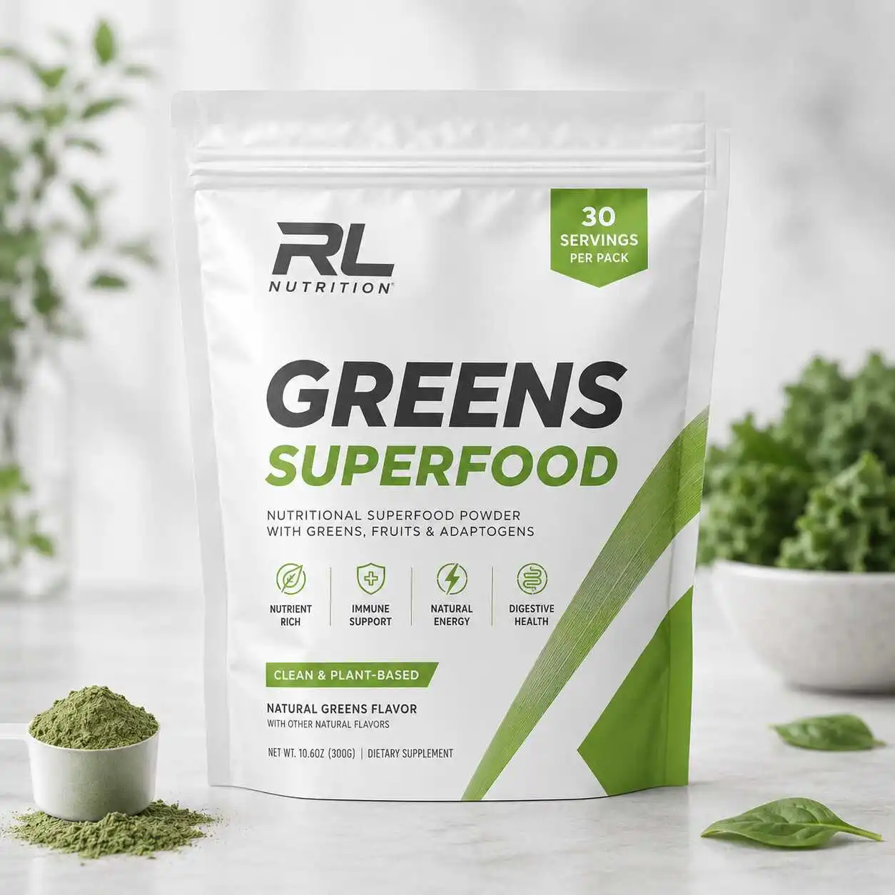 Custom nutrition and superfood powder packaging pouch for greens and functional powder blends