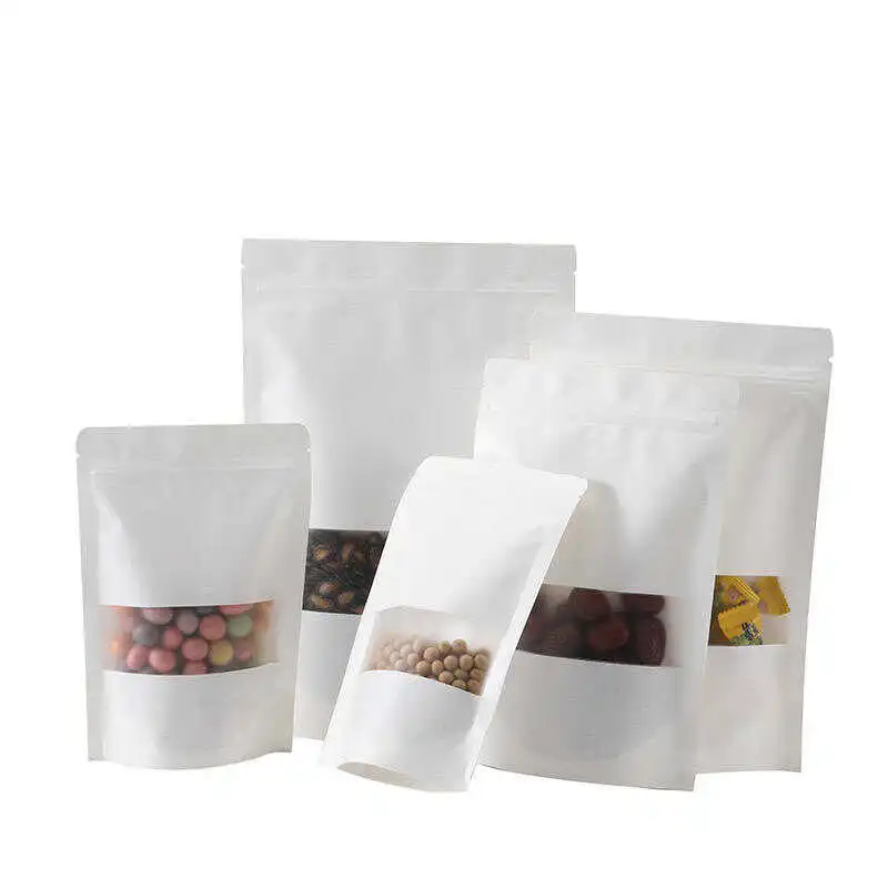 White stand up tea pouches with clear windows in assorted sizes