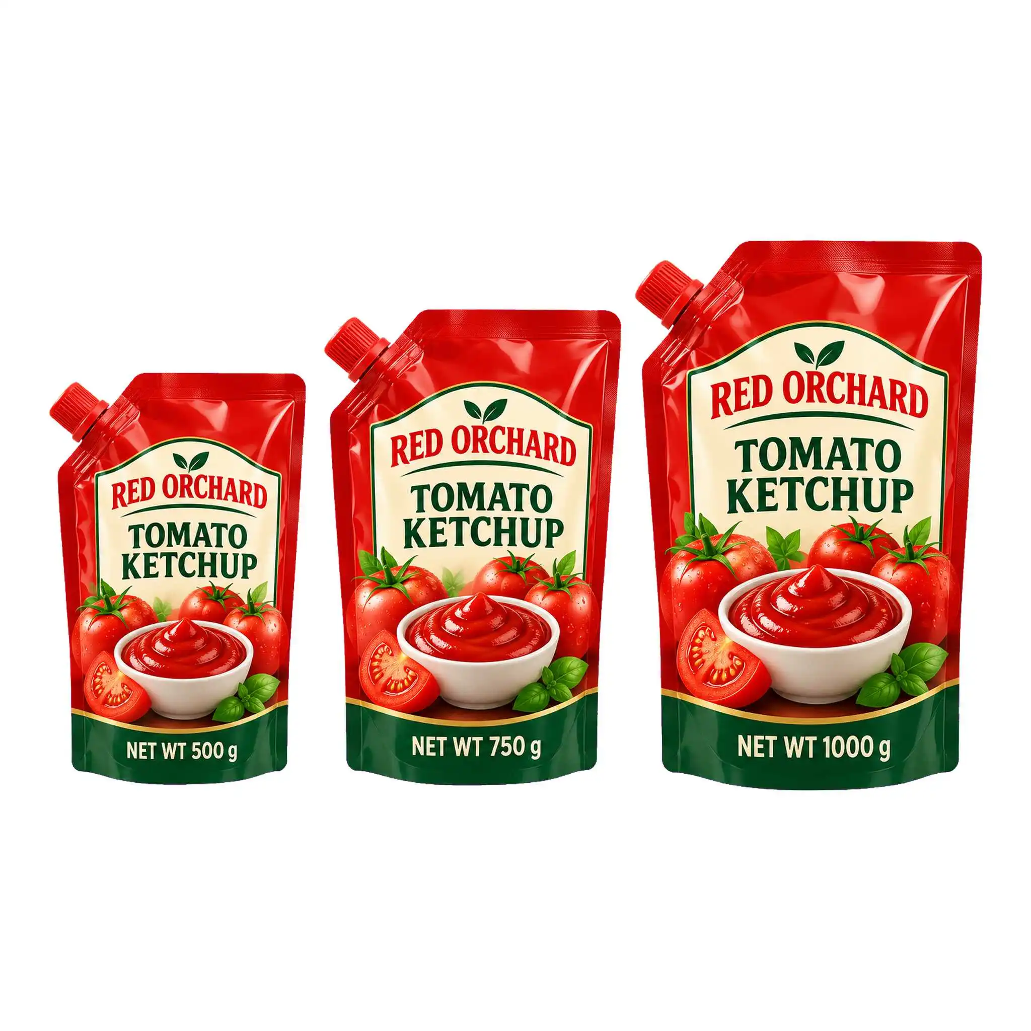 Custom tomato ketchup spout pouches in 500g 750g and 1000g sizes
