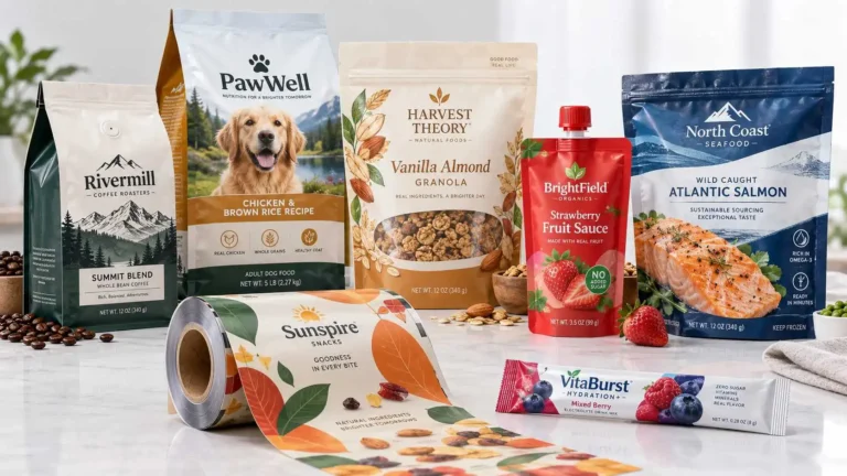 Custom coffee and pet food bags, food pouches, a spout pouch, printed rollstock film and a stick pack.