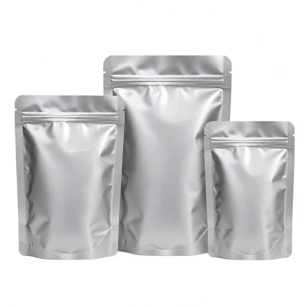 Silver aluminum high-barrier retort pouches in multiple sizes for food packaging
