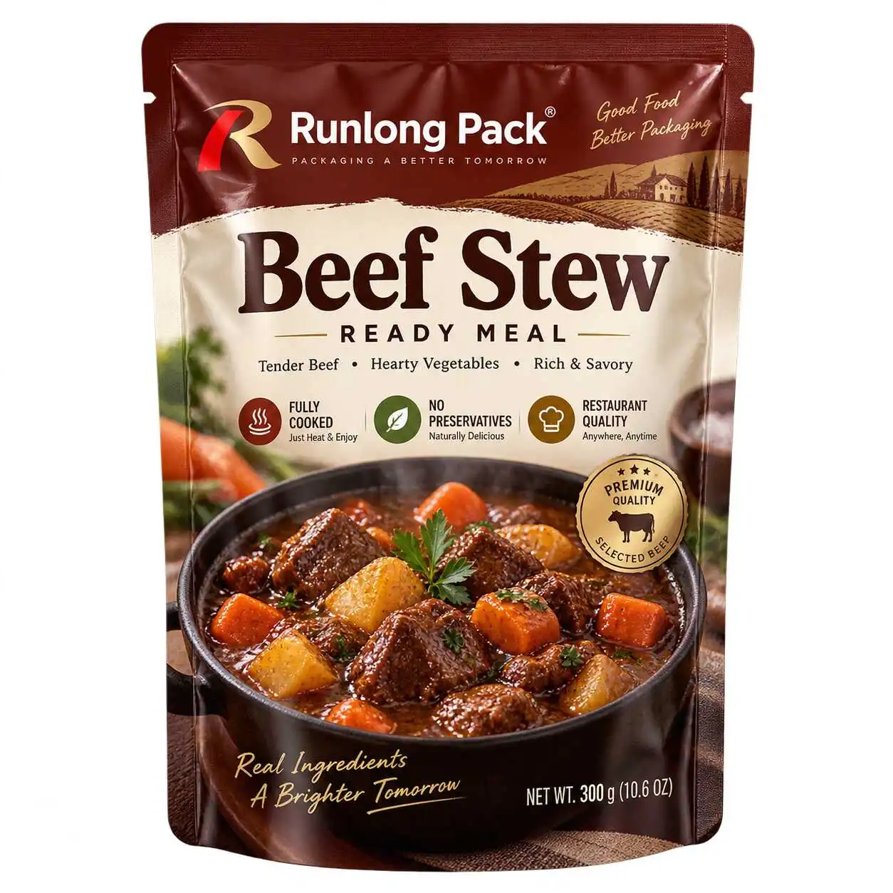 Custom printed retort pouch for ready meal beef stew packaging