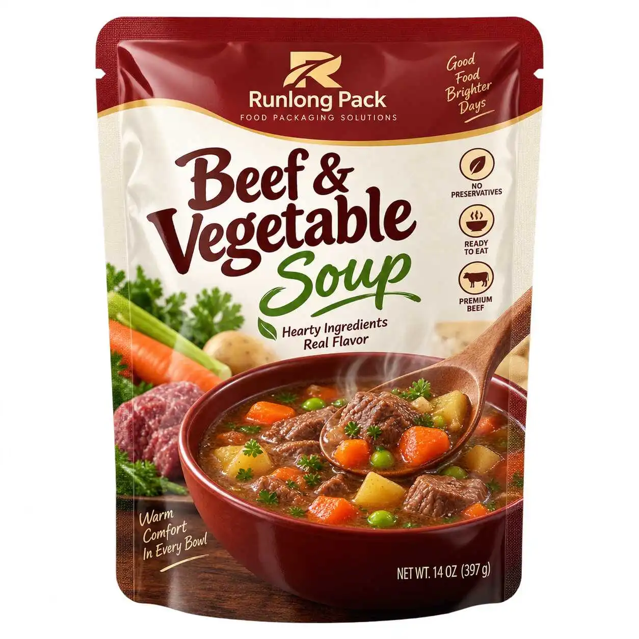Custom printed retort pouch for ready-to-eat beef and vegetable soup packaging