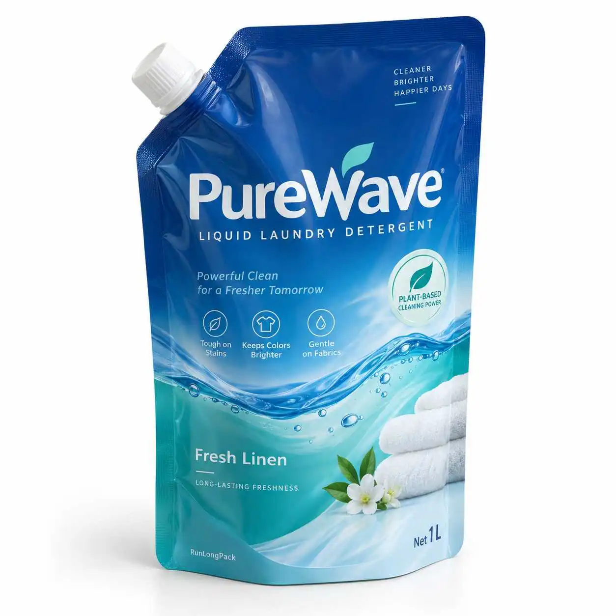 Dark blue and turquoise liquid detergent spout pouch concept with white cap and floral artwork