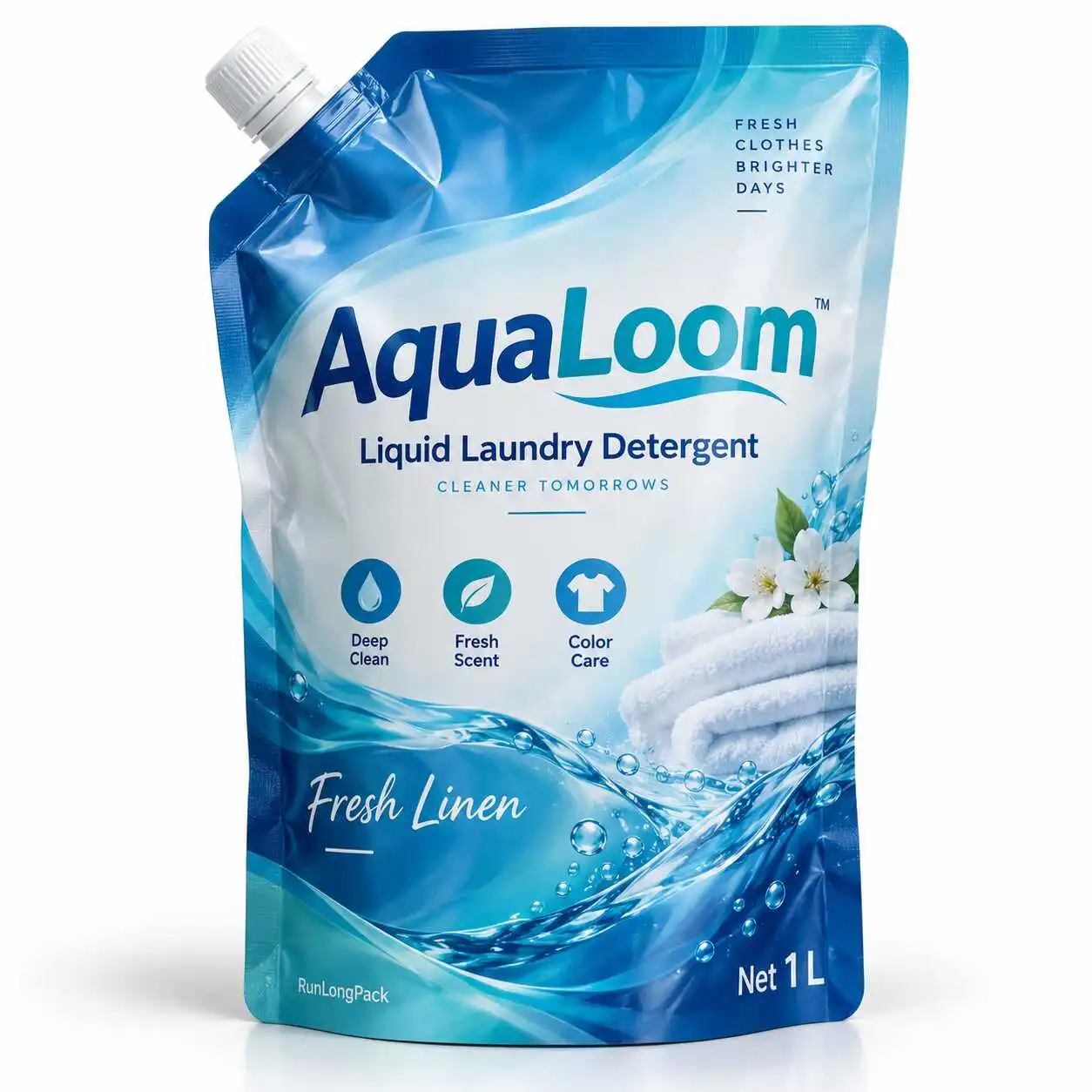 Blue and turquoise detergent refill pouch concept with a corner spout and white screw cap