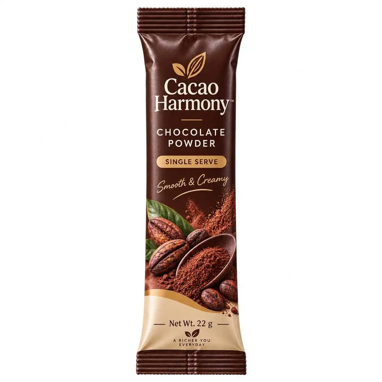 Custom chocolate powder stick pack for single-serve packaging