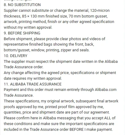 Anonymized buyer requirements for a Canadian custom packaging order