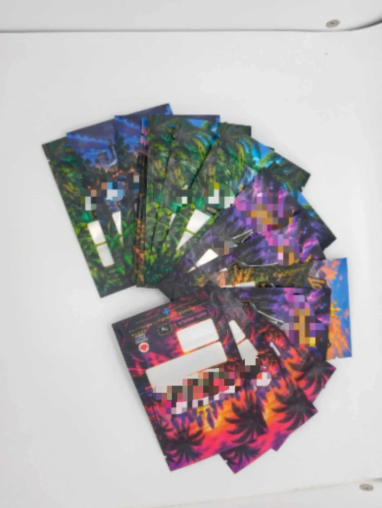 Anonymized Mylar bag packaging in multiple printed designs for a Canadian customer project