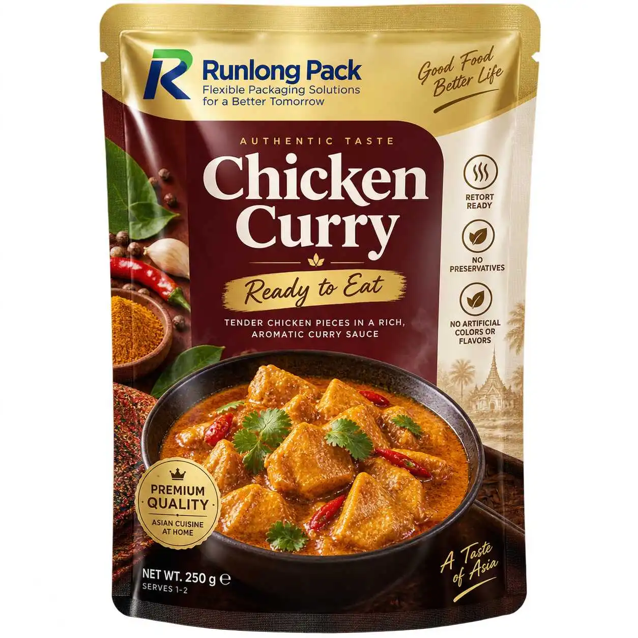 Custom printed retort pouch for ready-to-eat chicken curry packaging