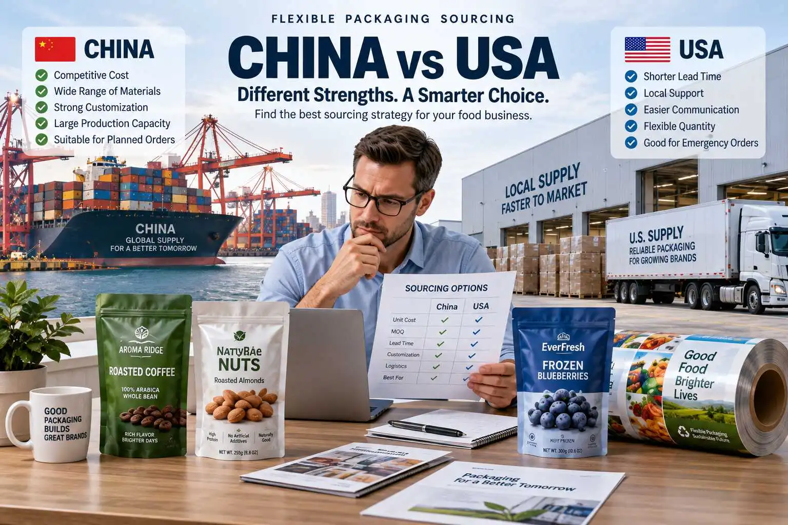 Illustrative China versus USA flexible packaging sourcing scene with sample pouches and supply-chain options