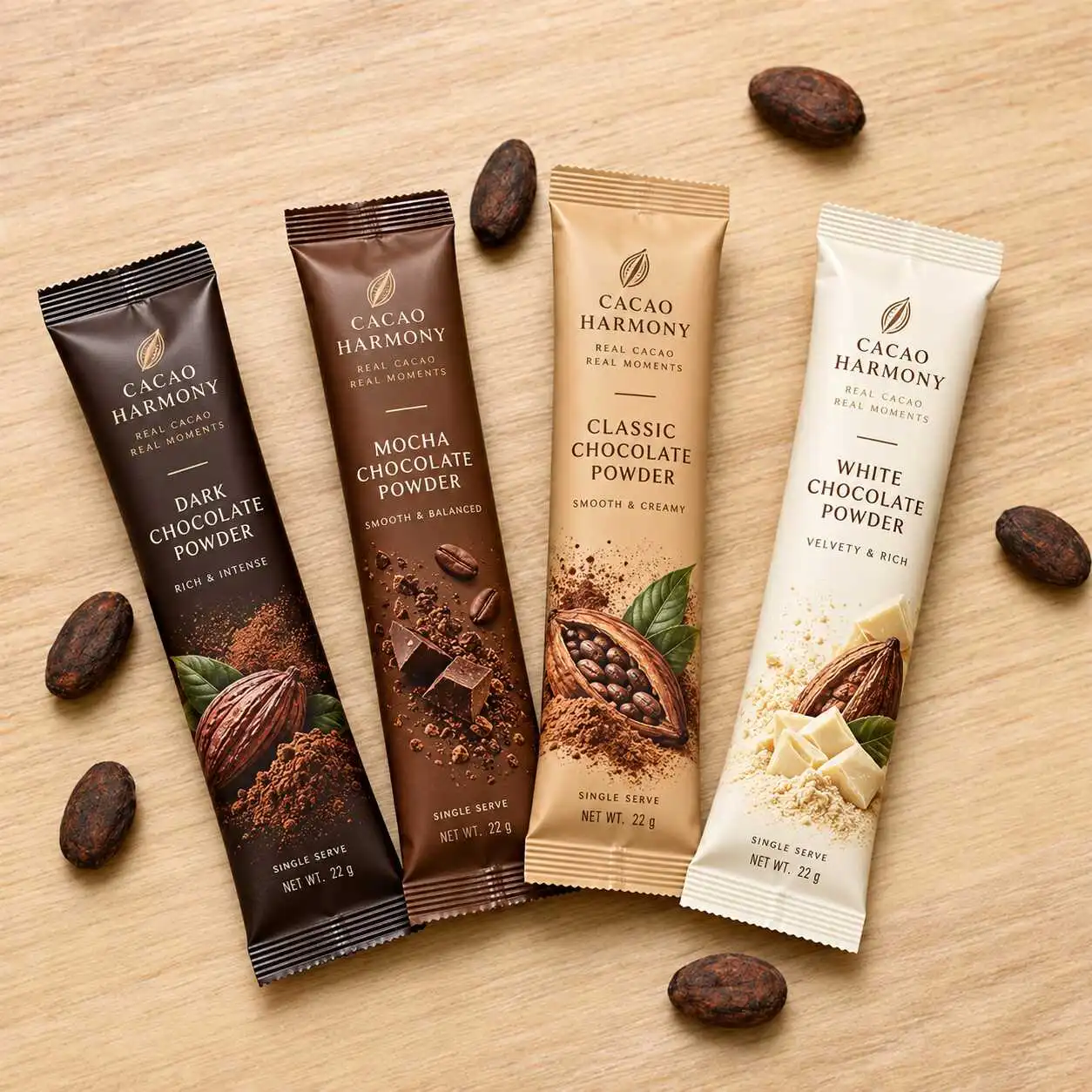 Chocolate powder stick pack packaging in multiple custom printed designs