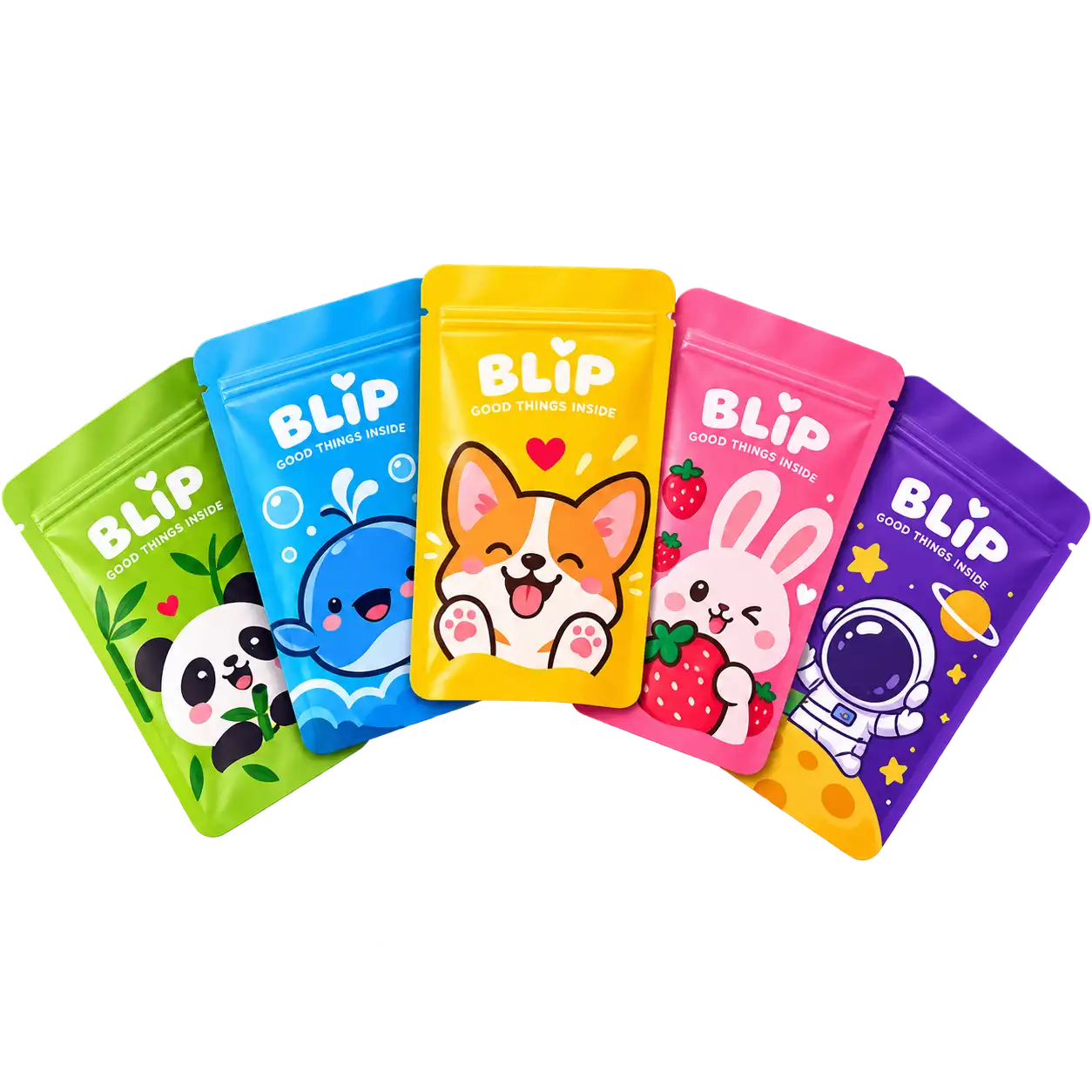 Colorful custom printed small three side seal pouches for retail and sample packaging