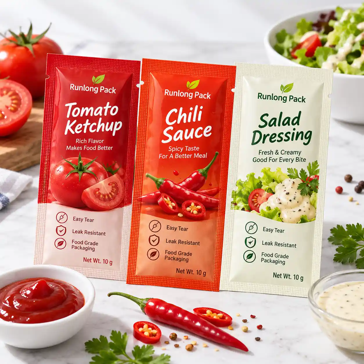 Condiment sachets for ketchup, chili sauce and salad dressing