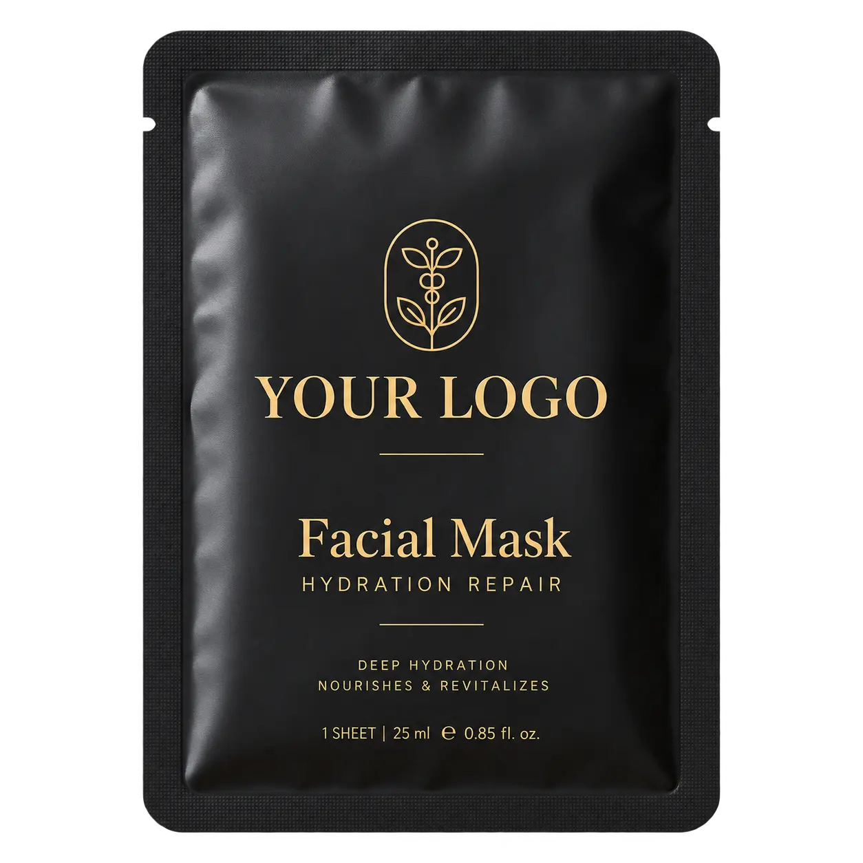 Black three side seal facial mask sachet with gold printed design