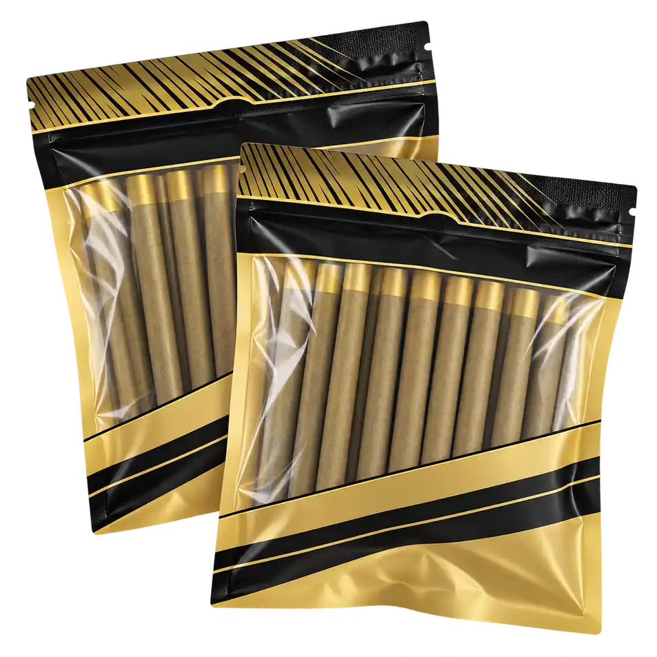Black and gold clear-window pouches containing cigar products