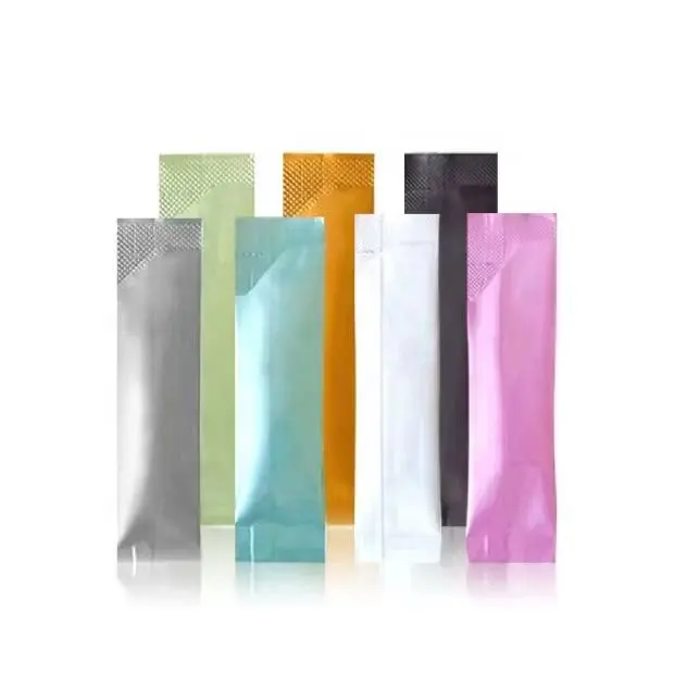 Stock stick pack packaging samples in silver, green, blue, orange, black and pink