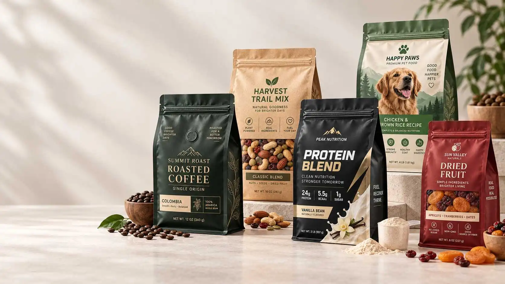 Custom flat bottom pouches for coffee snacks protein powder and pet food packaging by Runlong Pack