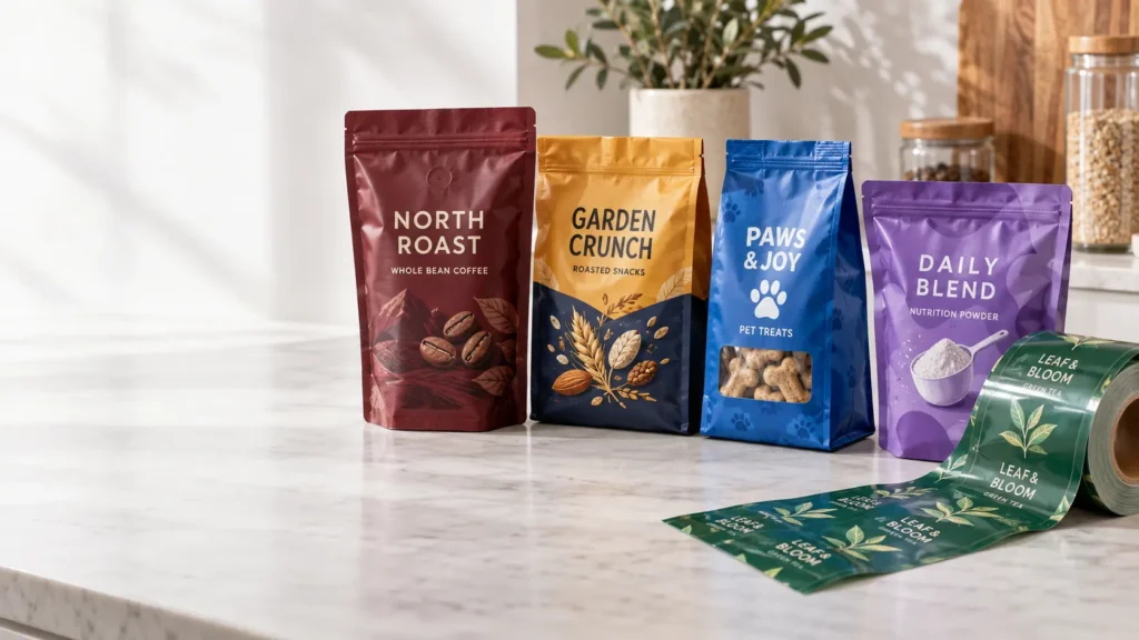 Colorful printed flexible packaging for coffee, snacks, pet treats, nutrition powder and tea
