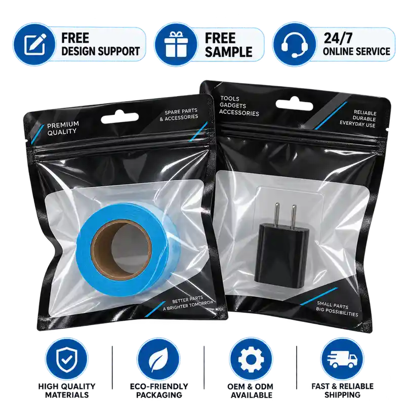 Custom hanging three side seal pouches with retail display hole options