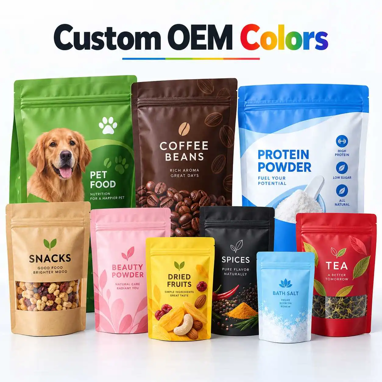 Custom stand up pouches in multiple OEM colors for different packaging applications