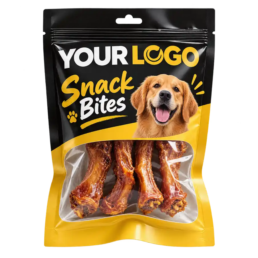 Black and yellow printed pet treat pouch with a large clear window