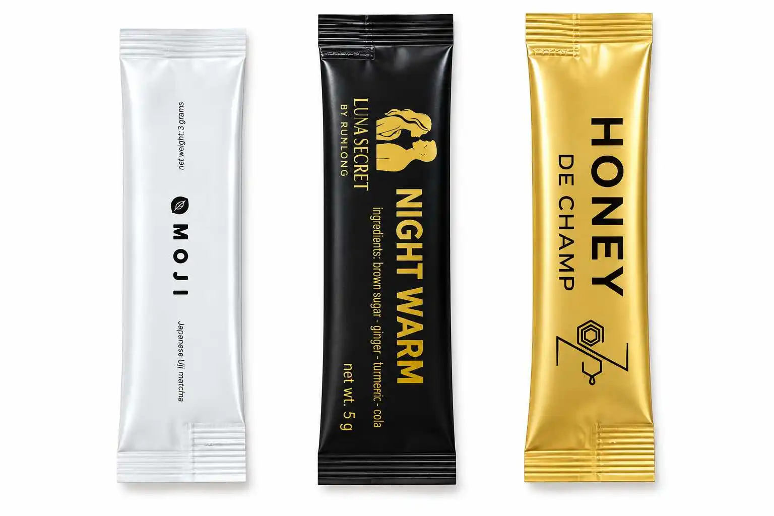 Stock stick pack bags after custom one-color overprinting in white, black and gold