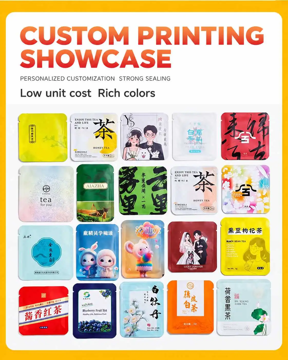 Tea sachet printing showcase with multiple custom three side seal pouch designs and rich color printing effects