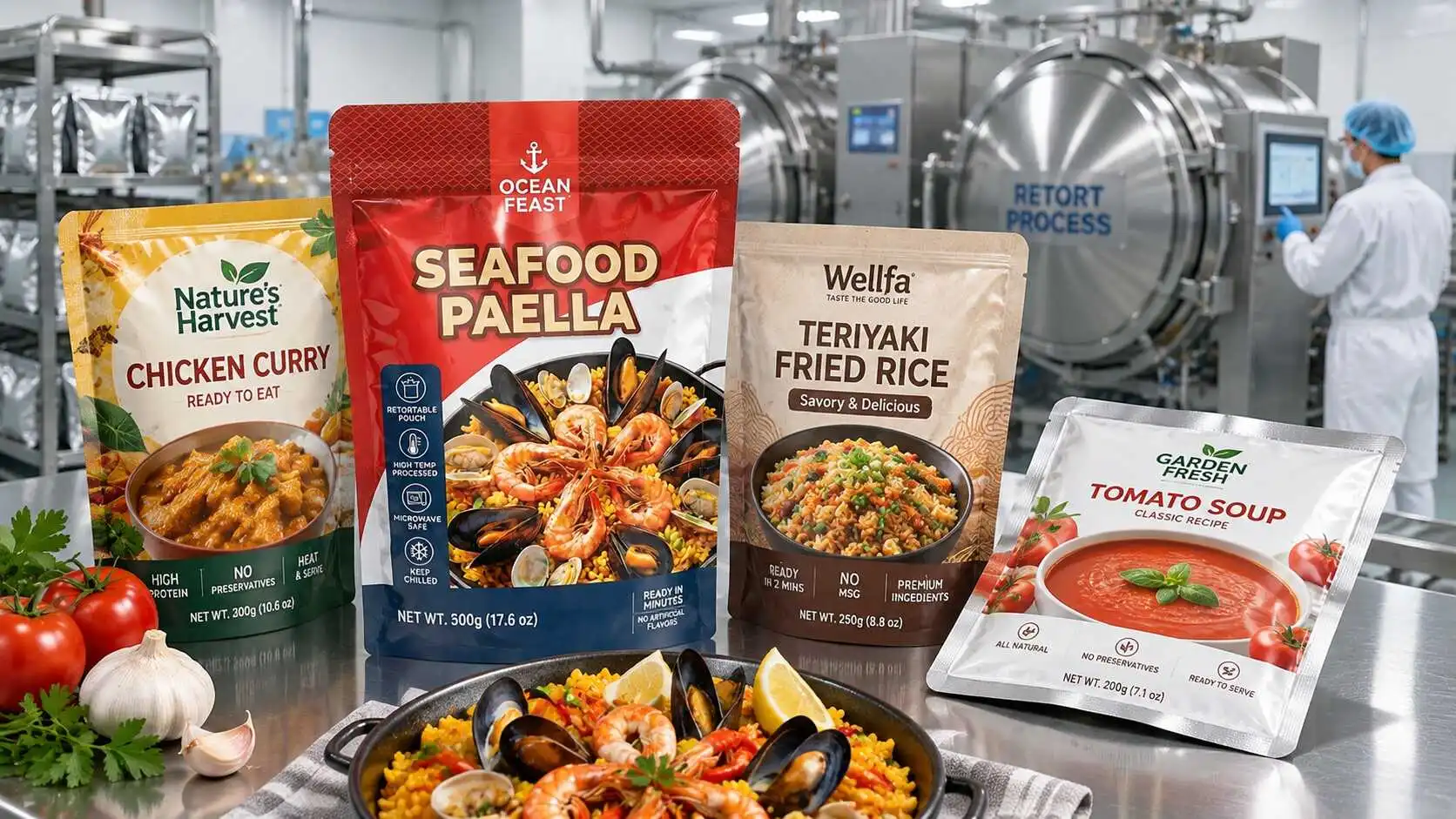 Custom retort pouches for ready meals displayed in a high-temperature food packaging facility