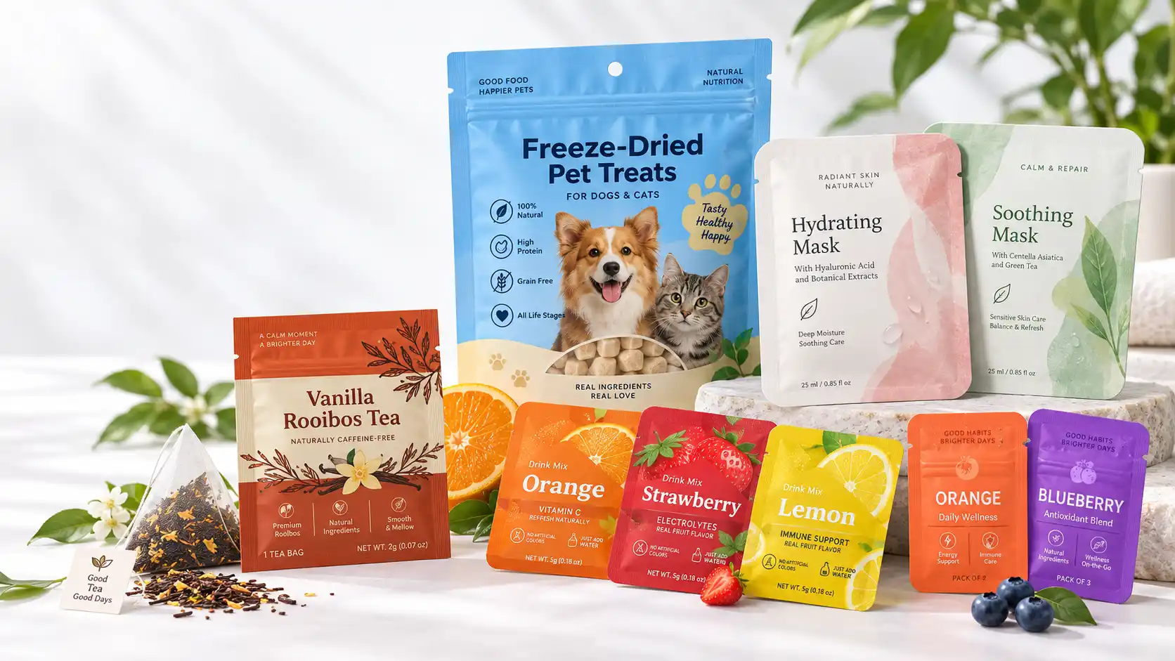 Custom sachet packaging examples for drink mixes, skincare, tea and flexible packaging applications