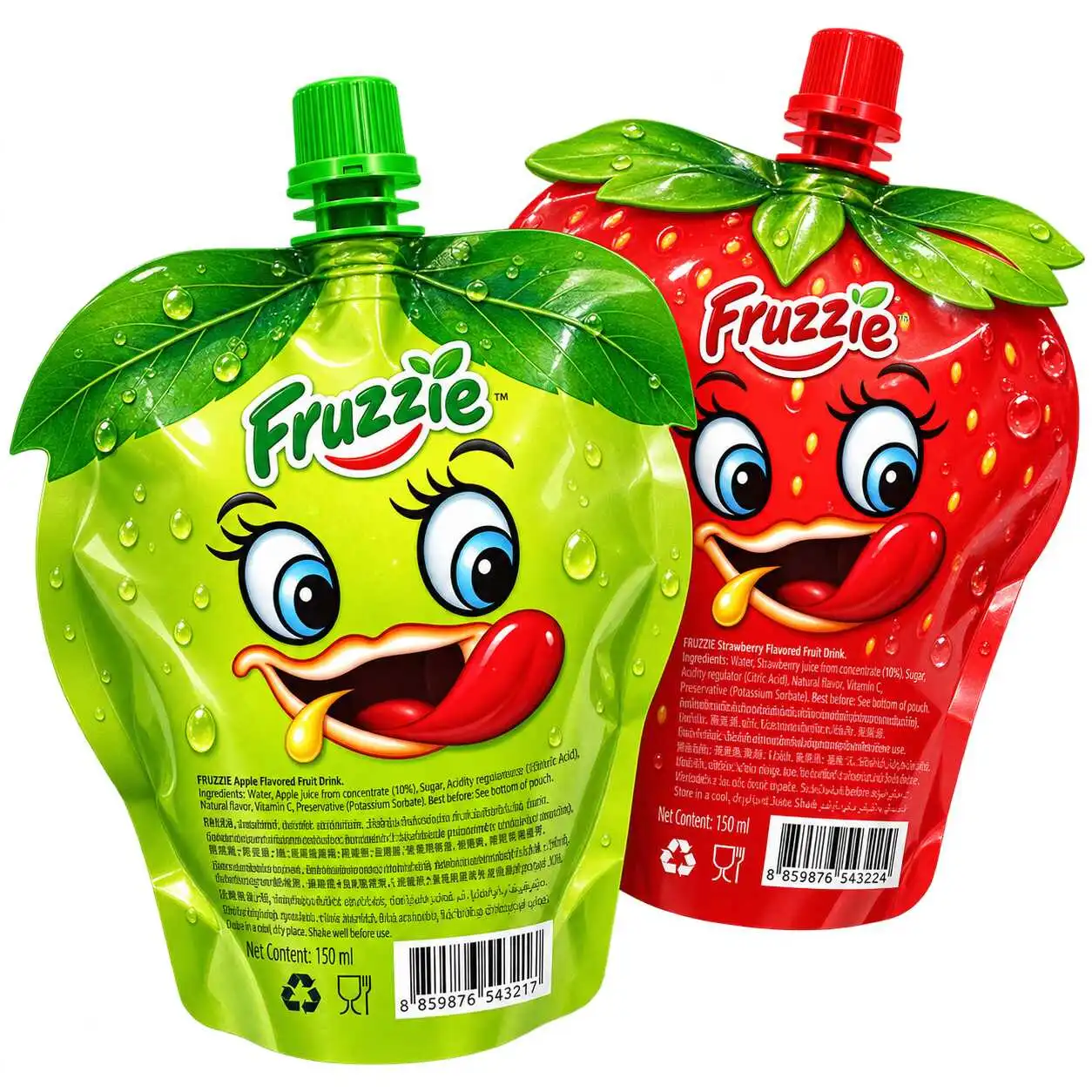Custom shaped fruit spout pouches for juice smoothie and puree packaging