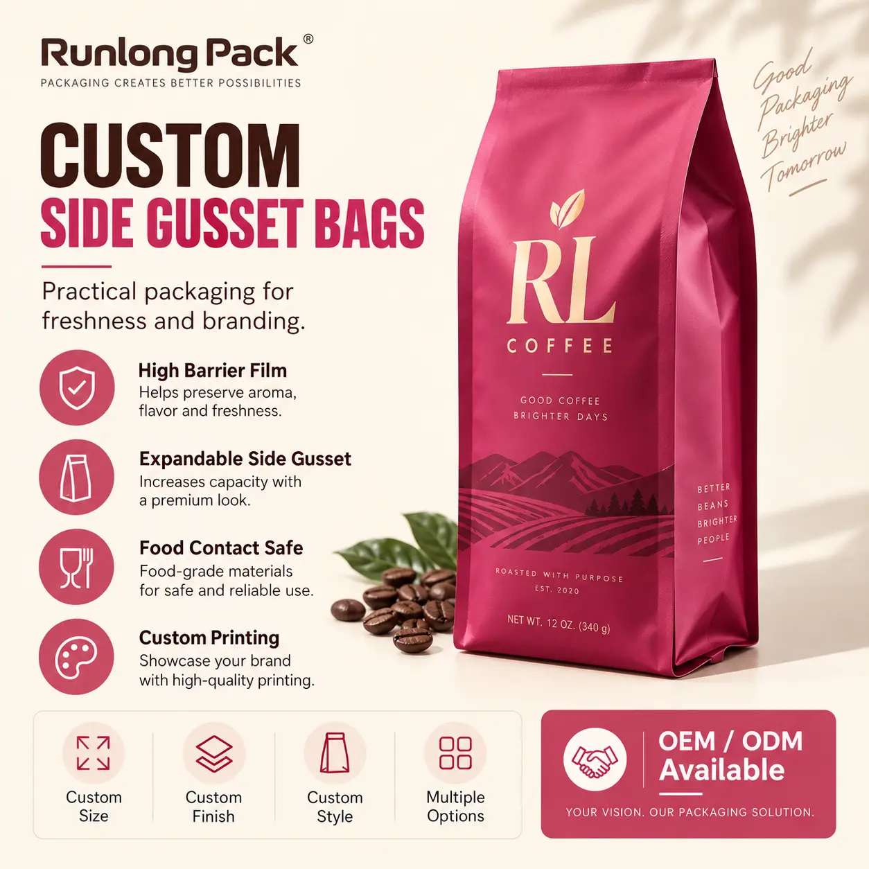 Pink custom side gusset coffee bag with callouts for barrier film side gusset design food-contact materials and custom printing