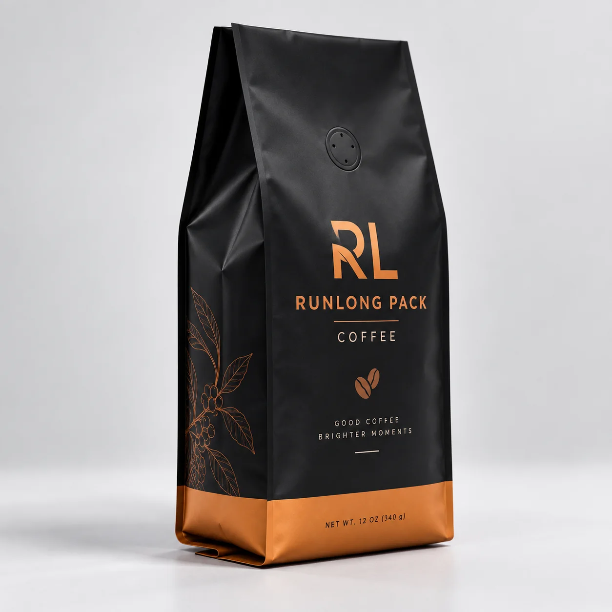 Matte black custom side gusset coffee bag with orange accents and a one-way degassing valve