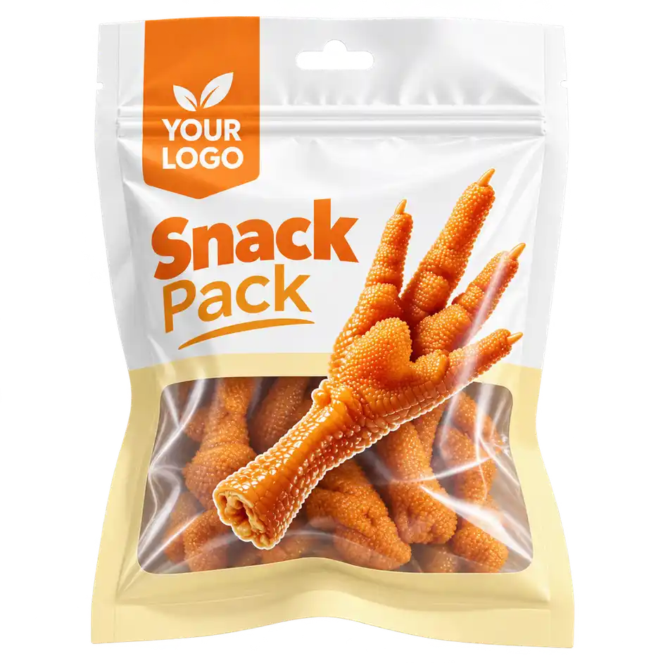 White and orange printed snack pouch with a clear window showing packaged food