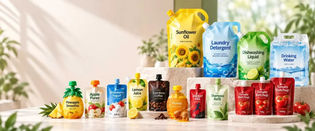 Custom spout pouch packaging for food, beverage, detergent, personal care and refill products