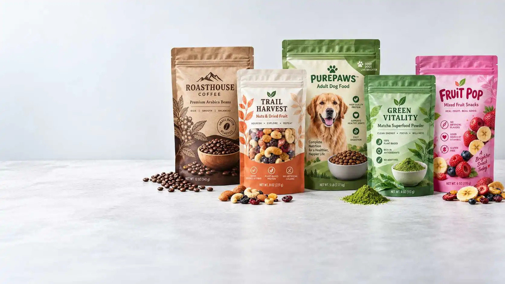 Custom printed stand up pouches for coffee, trail mix, pet food, superfood powder and fruit snack packaging