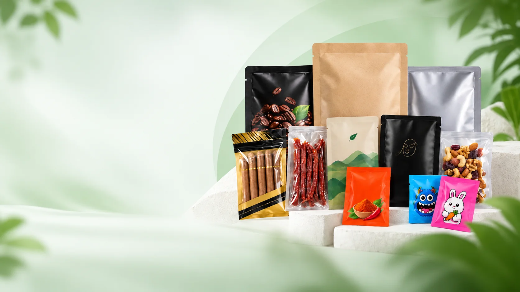 Assorted custom three side seal pouches displayed for different food and specialty packaging applications