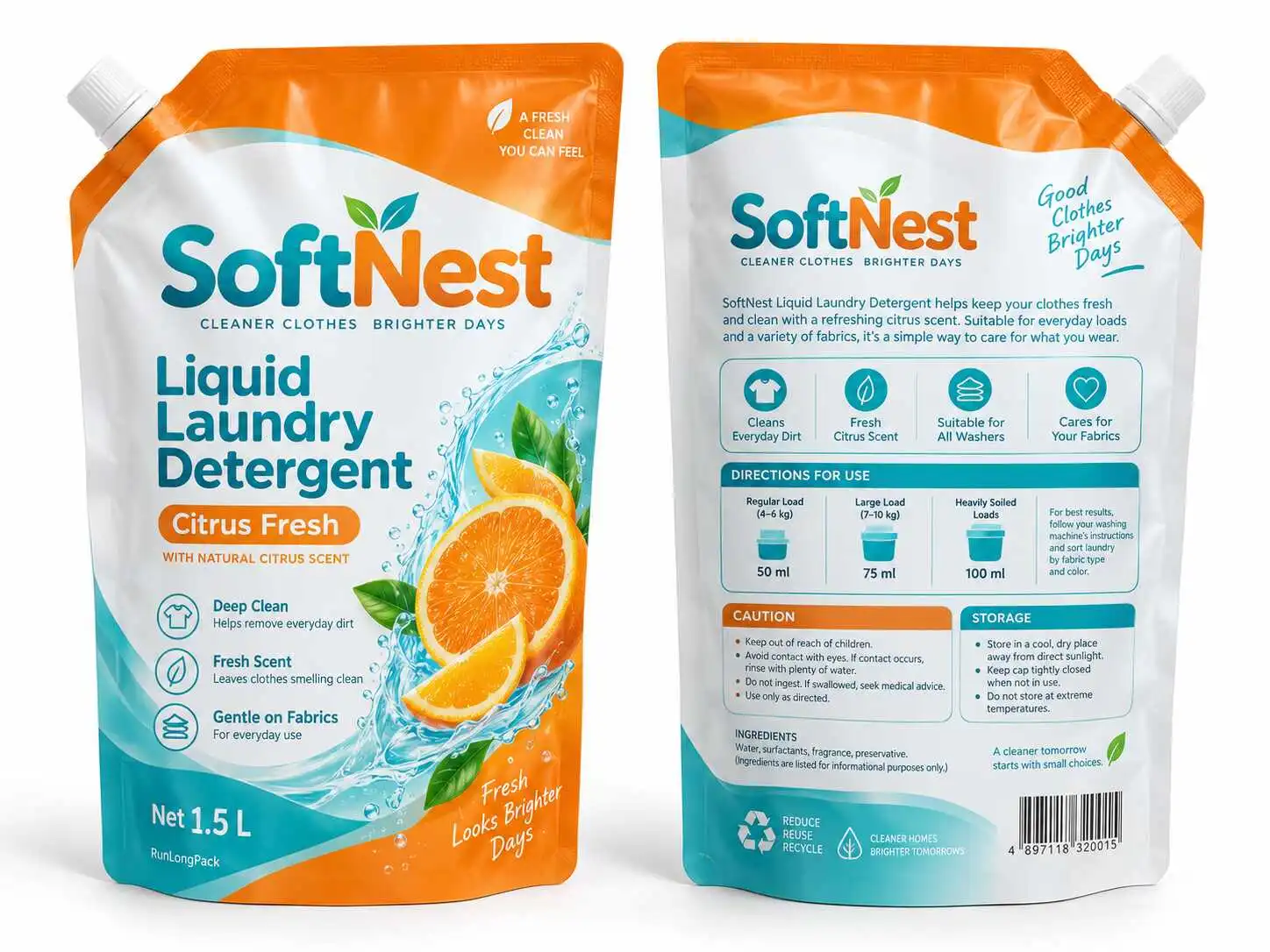Front and back of an orange and turquoise detergent pouch concept with a corner spout and printed information panels