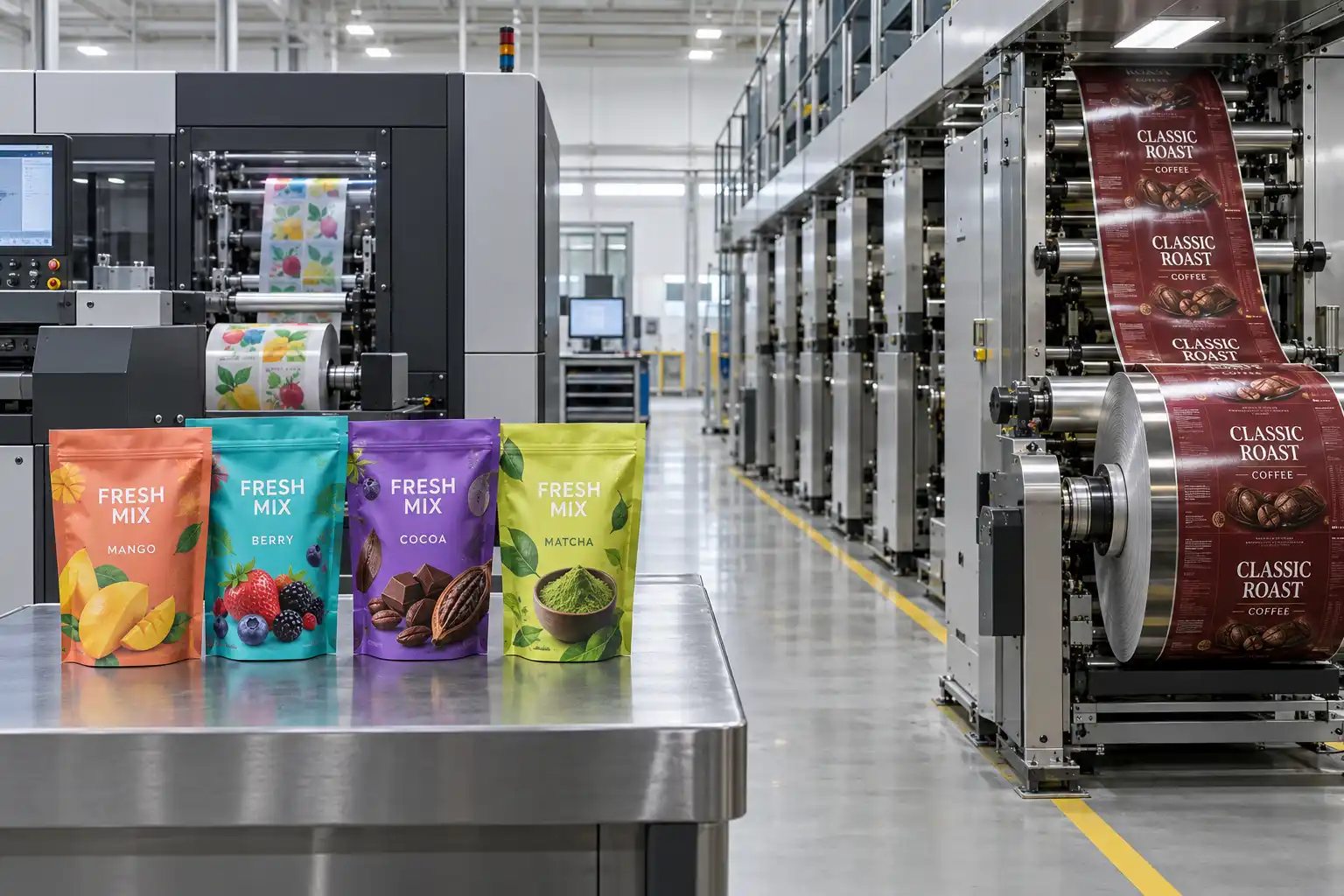 Digital short-run pouches beside gravure printed rollstock in a flexible packaging factory