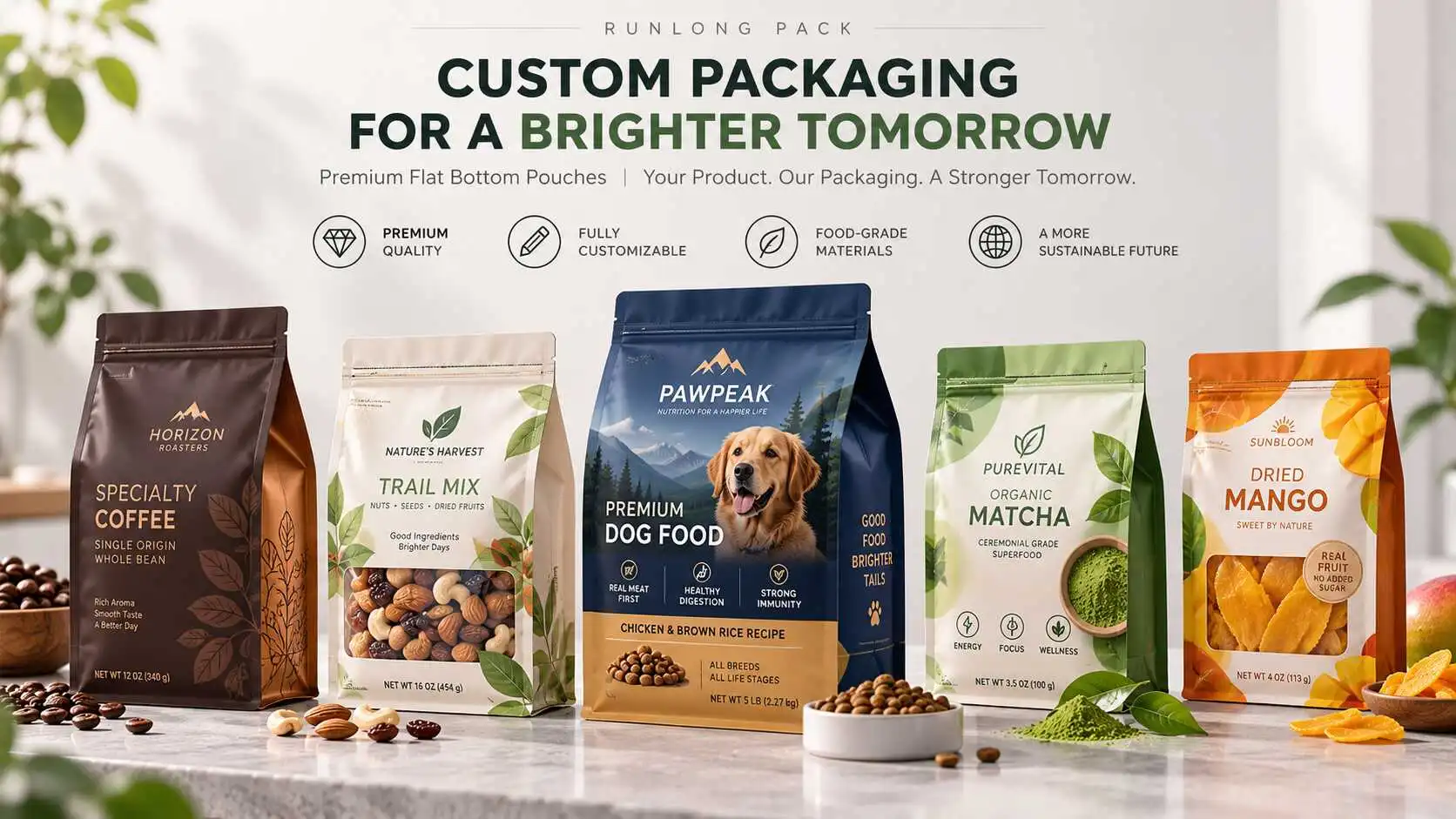 Custom flat bottom pouch packaging features and configuration options by Runlong Pack