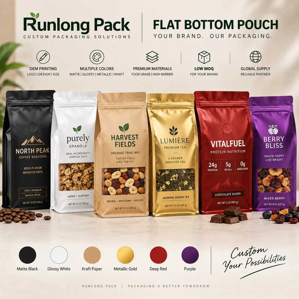 Custom printed flat bottom pouch packaging collection manufactured by Runlong Pack