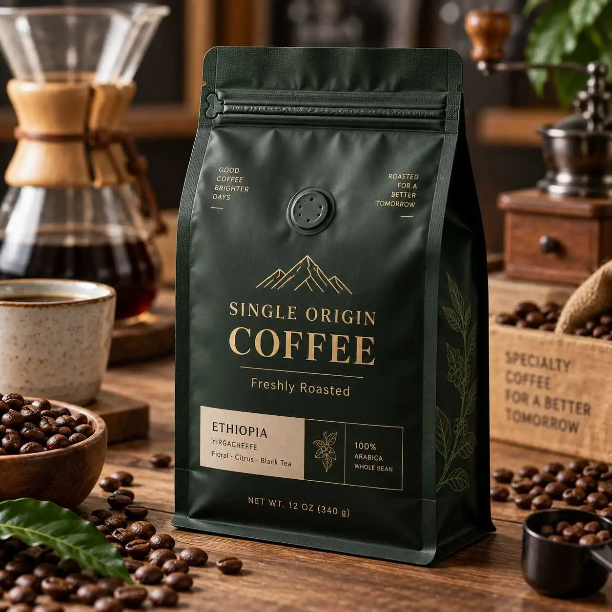 Custom flat bottom coffee bag with resealable zipper and premium printed packaging