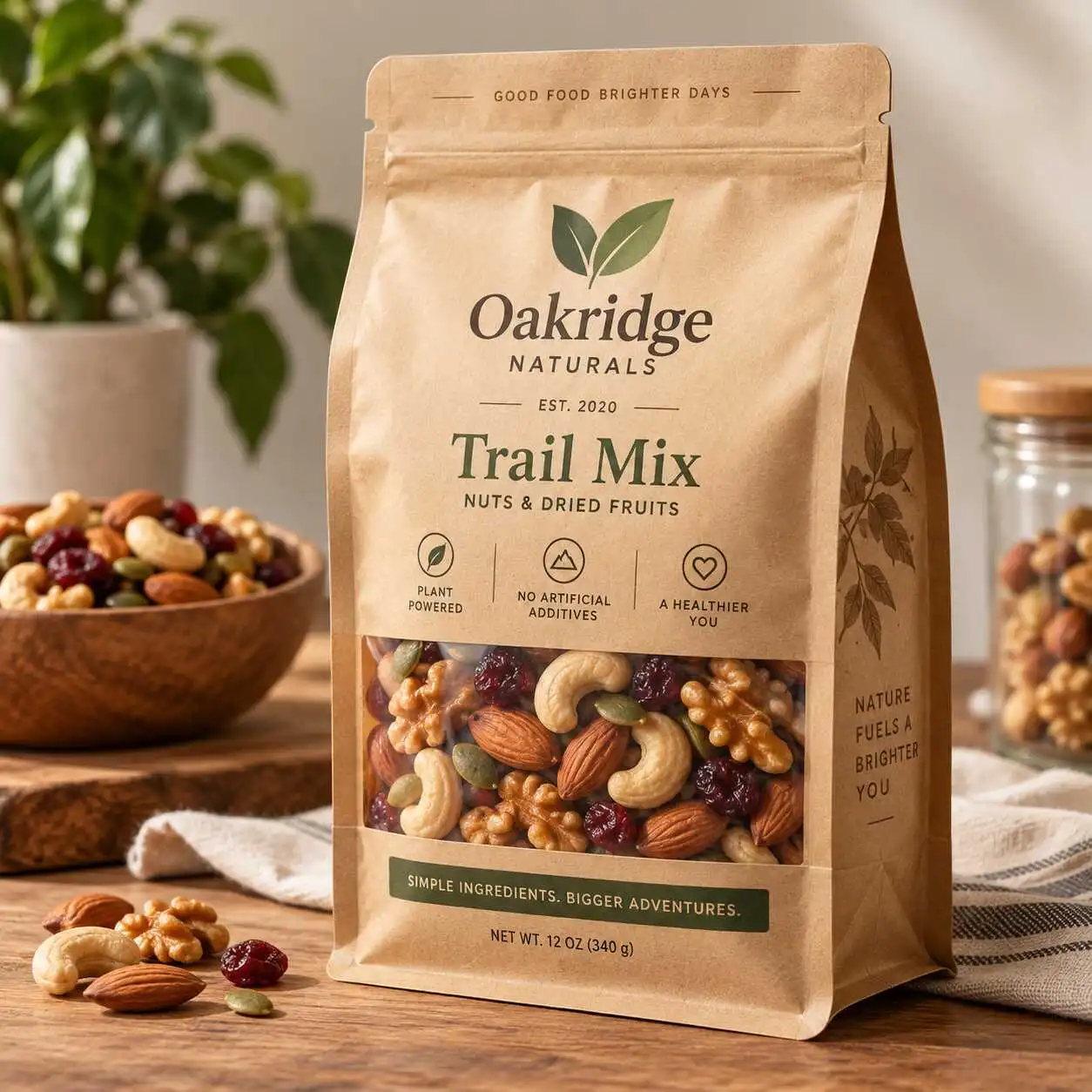 Flat bottom pouches for nuts dried fruit trail mix and snack packaging